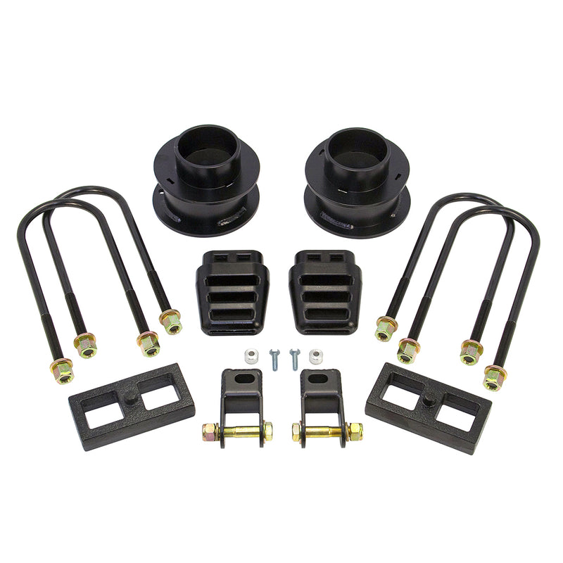ReadyLIFT SST Lift Kit, full kit on a studio background: front coil spacers, bump stops, U-bolts, two rear blocks, shackle brackets and hardware on white