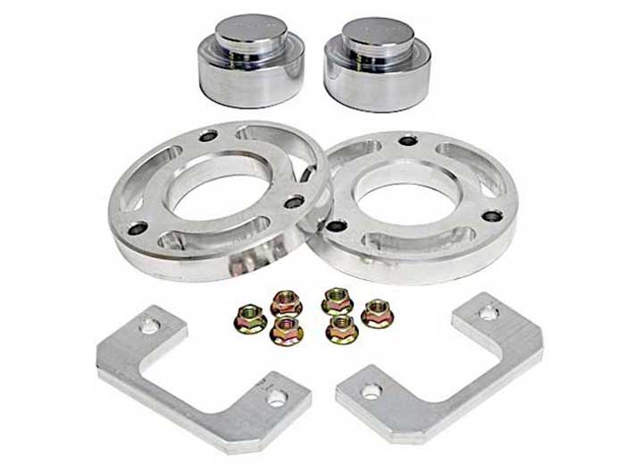 ReadyLIFT SST Lift Kit, full kit on a studio background: two aluminum front strut spacer rings, two aluminum rear coil spacers, two aluminum brackets and nuts on white