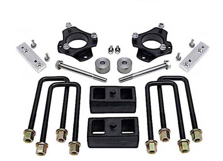 ReadyLIFT SST Lift Kit, full kit on a studio background: two black strut spacers, aluminum brackets, two 2" rear blocks, U-bolts and bolts on white