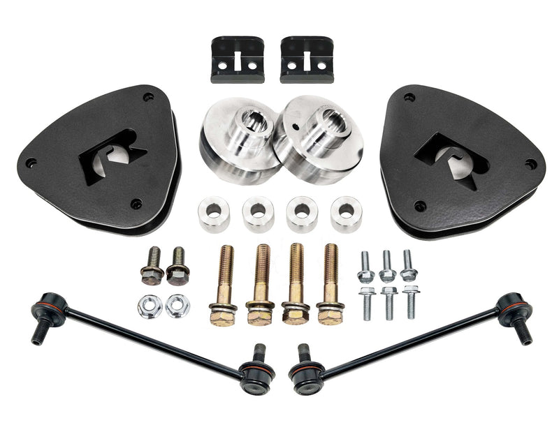 ReadyLIFT SST Lift Kit, full kit on a studio background: two black strut spacers, aluminum spacers, brackets, bolts and sway bar links on white