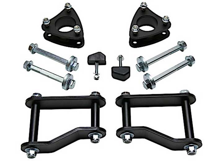 ReadyLIFT SST Lift Kit, full kit on a studio background: two black strut spacers, long bolts, bump stops and two black rear lift shackles on white