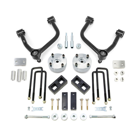 ReadyLIFT SST Lift Kit, full kit on a studio background: two black upper control arms, aluminum strut spacers, rear blocks, U-bolts and hardware on white