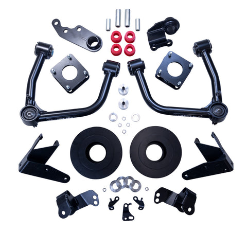 ReadyLIFT SST Lift Kit, full kit on a studio background: two black upper control arms, strut spacers, rear coil spacers, brackets, red bushings and hardware on white