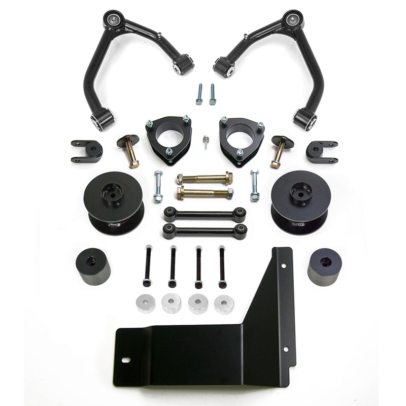 ReadyLIFT SST Lift Kit, full kit on a studio background: two black upper control arms, strut spacers, rear coil spacers, links, bump stops and a skid plate on white