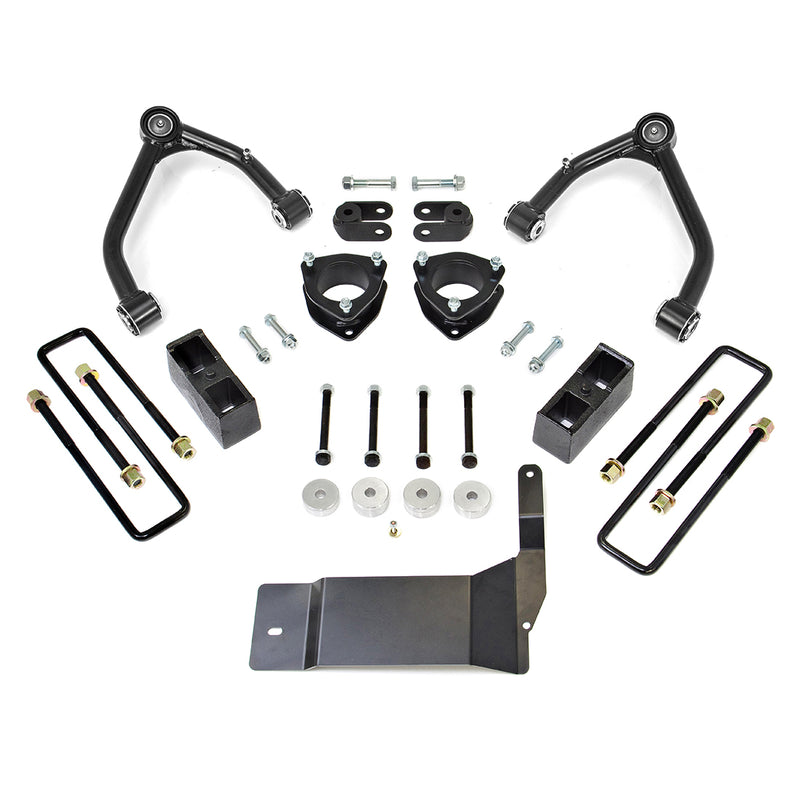 ReadyLIFT SST Lift Kit, full kit on a studio background: two black upper control arms, strut spacers, rear blocks, U-bolts, spacers and a black skid plate on white