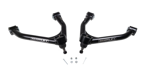 ReadyLIFT SST UCA, full kit on a studio background: A pair of black ReadyLIFT upper control arms with ball joints and cotter pins on white