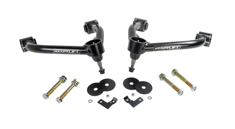 ReadyLIFT SST UCA, full kit on a studio background: A pair of black ReadyLIFT upper control arms laid out with bolts, black washers and small brackets on white