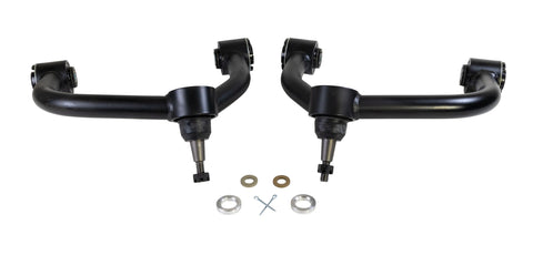 ReadyLIFT SST UCA, full kit on a studio background: A pair of black upper control arms with ball joints and washers on a white background