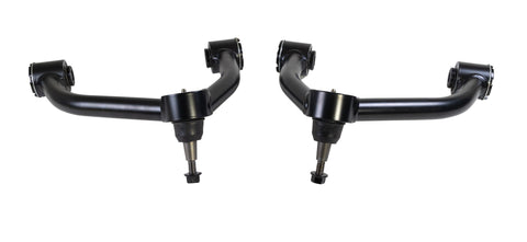 ReadyLIFT SST UCA, full kit on a studio background: A pair of black upper control arms with ball joints side by side on white