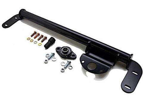 ReadyLIFT Steering Box Stabilizer Bar, full kit on a studio background: A black steering box stabilizer bar with a bearing mount, bolts and washers on white