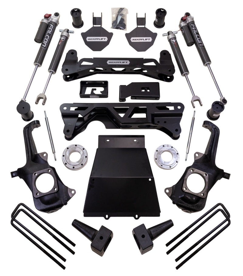 ReadyLIFT Suspension System, full kit on a studio background: ReadyLIFT GM HD kit with Falcon shocks, knuckles, crossmembers, skid plate, blocks and U-bolts on white