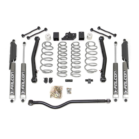 ReadyLIFT Terrain Flex 2-Arm Kit, full kit on a studio background: four Falcon monotube shocks, silver coil springs, two control arms, brackets, links and a track bar on white