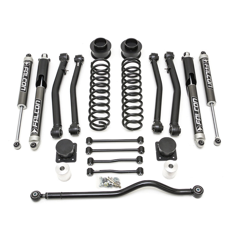 ReadyLIFT Terrain Flex 4-Arm Lift Kit, full kit on a studio background: four Falcon monotube shocks, coil springs, control arms, spacers, links and a track bar laid out on white