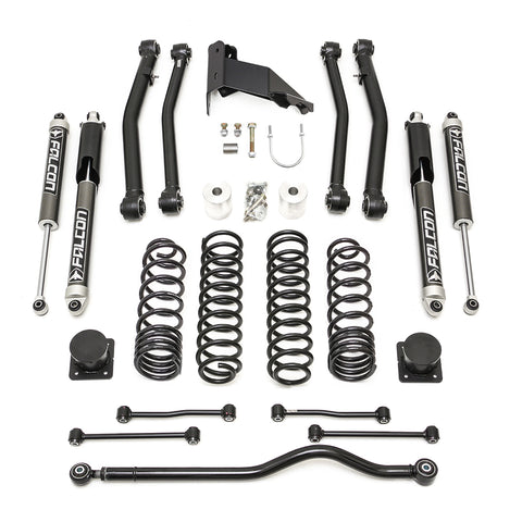 ReadyLIFT Terrain Flex Max 4-Arm Kit, full kit on a studio background: four Falcon monotube shocks, eight coil springs, control arms, brackets, links and a track bar on white