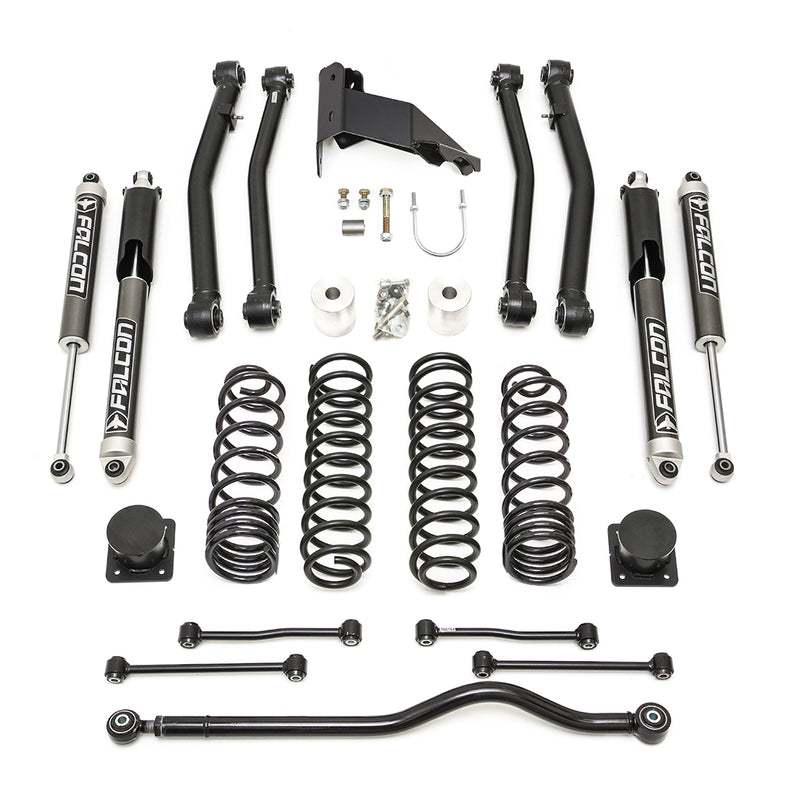 ReadyLIFT Terrain Flex Max 4-Arm Kit, full kit on a studio background: four Falcon monotube shocks, eight coil springs, control arms, brackets, links and a track bar on white