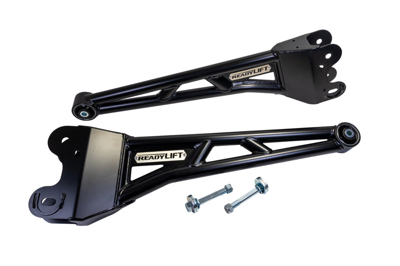 ReadyLIFT Tubular Radius Arm Kit, full kit on a studio background: pair of black ReadyLIFT tubular radius arms with cam bolts on white