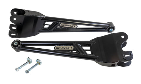 ReadyLIFT Tubular Radius Arm Kit, full kit on a studio background: pair of black ReadyLIFT tubular radius arms with cam bolts on white