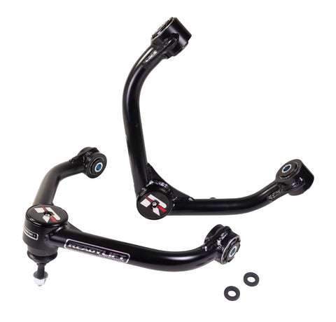 ReadyLIFT Upper Control Arms, full kit on a studio background: two black ReadyLIFT tubular upper control arms with red R caps and washers on white