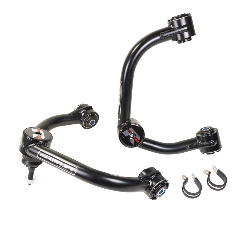 ReadyLIFT Upper Control Arms, full kit on a studio background: two black ReadyLIFT tubular upper control arms with line clamps and washers on white