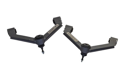 ReadyLIFT Xtreme-Duty Fabricated A-Arm Kit, full kit on a studio background: A pair of black fabricated plate-steel ReadyLIFT upper control arms on white