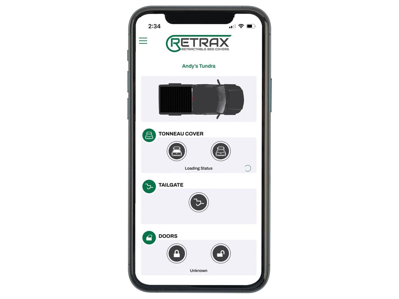 Retrax phone app screen with tonneau cover, tailgate and door controls