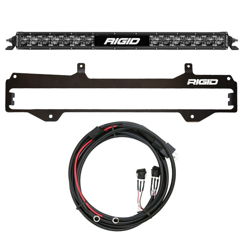 Rigid 20" SR-Series SAE Grille Kit, kit contents laid out: kit layout of a 20" SR-Series SAE light bar, a black grille mounting bracket and a wiring harness, on white