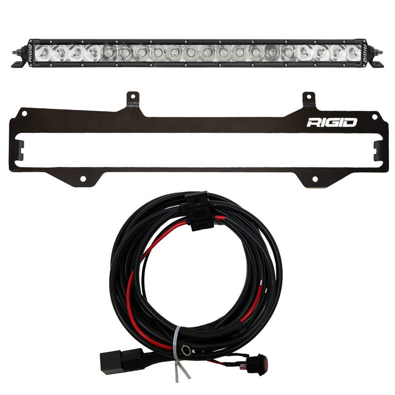 Rigid 20" SR-Series Spot/Flood Grille Kit, kit contents laid out: kit layout of a 20" SR-Series spot and flood light bar, a black grille mounting bracket and a wiring harness, on white