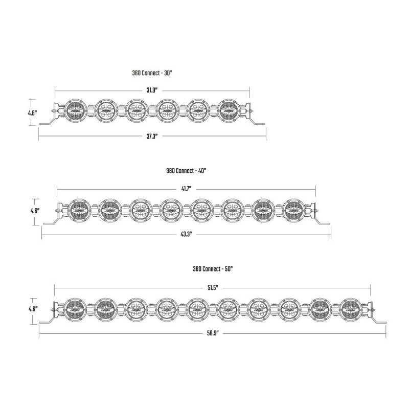 Rigid 360 Connect 40" Light Bar Assembly: line drawings of the 30, 40 and 50" 360 Connect bars with overall length and height dimensions