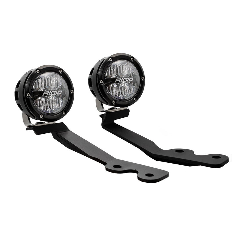 Rigid 360-Series 4" Drive A-Pillar Light Kit on a studio background: pair of black 4" 360-Series pods with clear lenses mounted on A-pillar brackets on white