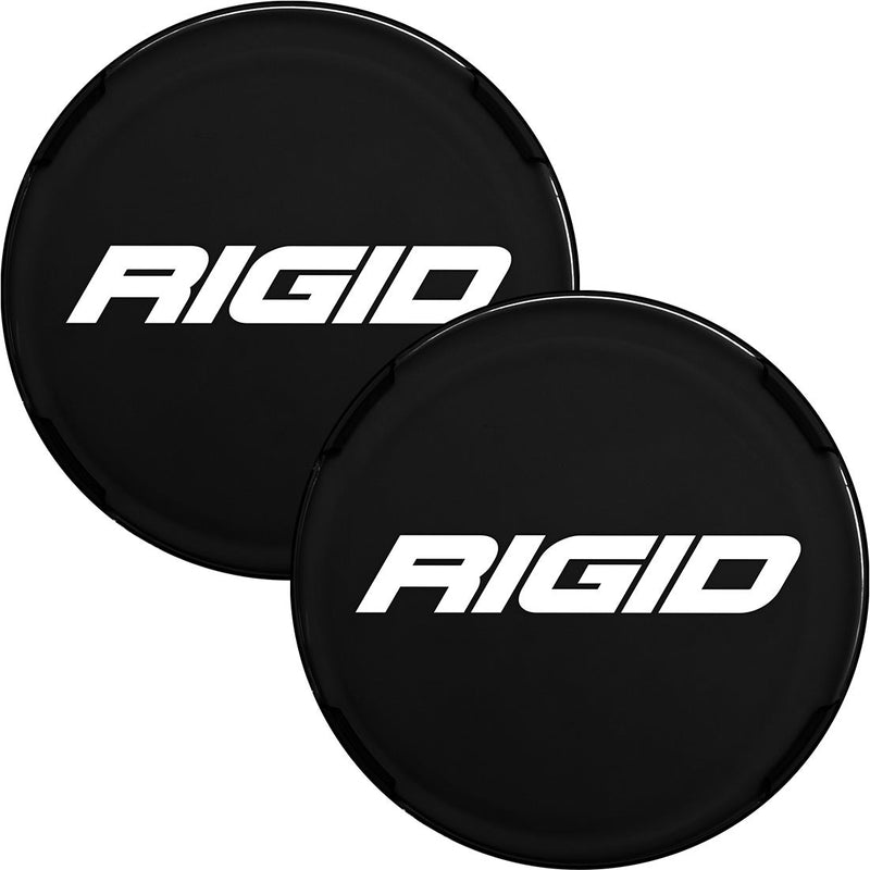 Rigid 360-Series 6" Cover Pair on a studio background: A pair of black round 6" covers printed with the white Rigid logo, overlapped on white