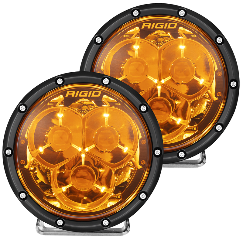 Rigid 360-Series Laser Optic 6" Amber PRO Pair on a studio background: A pair of 6" Rigid 360-Series lights with glowing amber three-optic lenses on a black background