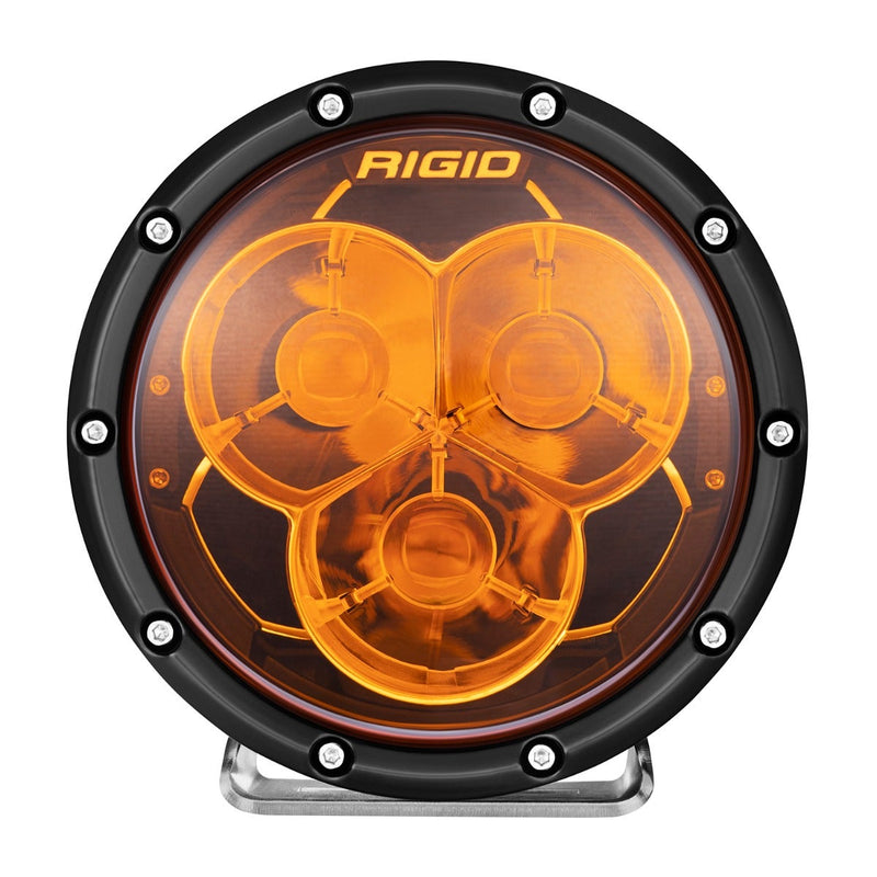 Rigid 360-Series Laser Optic 6" Amber PRO Pair on a studio background: A single 6" round Rigid 360-Series light with an amber three-optic lens and black bezel on white