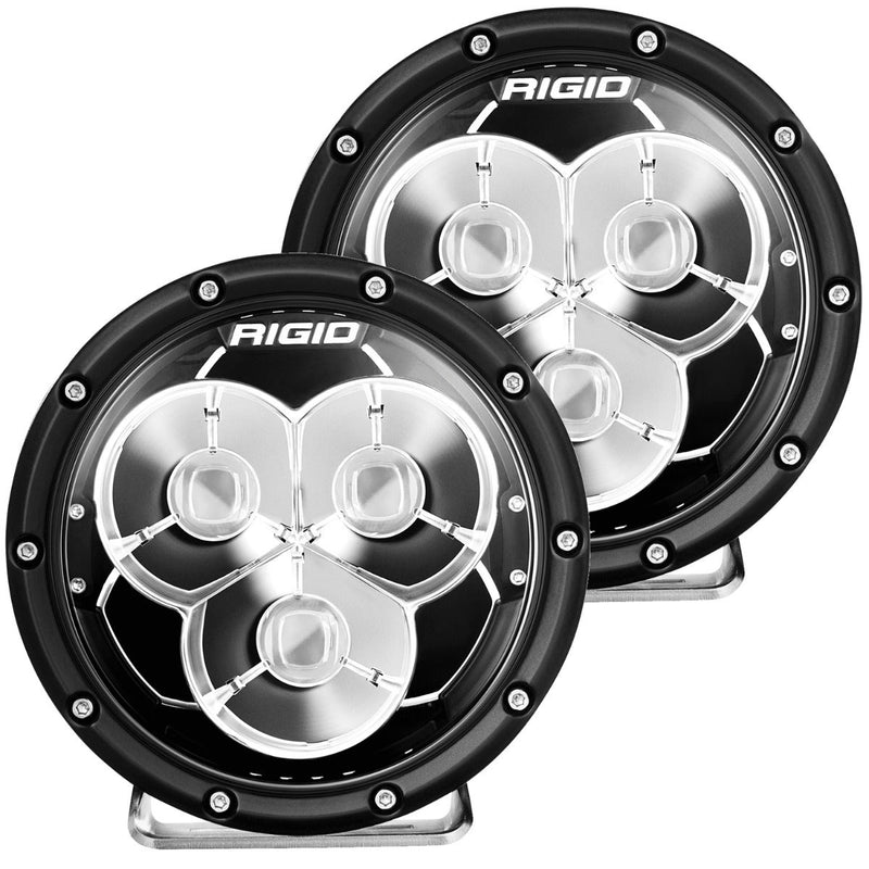 Rigid 360-Series Laser Optic 6" Pair on a studio background: A pair of 6" Rigid 360-Series lights with clear three-optic faces and black bezels on a black background