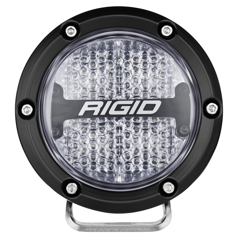 Rigid 360-Series PRO 4" Pair on a studio background: A single black 4" round LED light with a diffused flood lens and polished bracket, front on against white