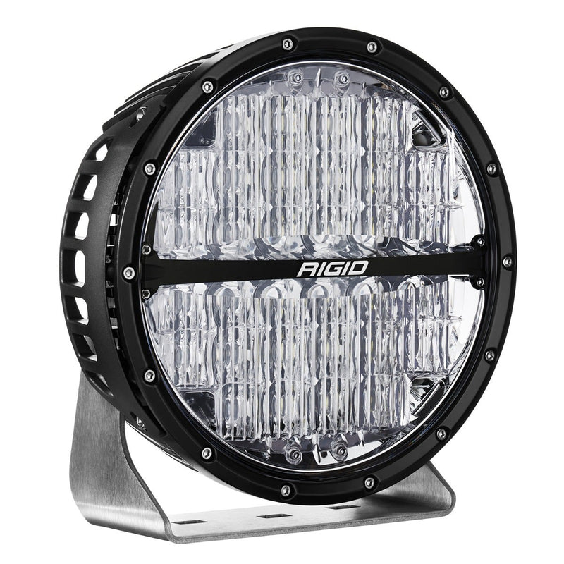 Rigid 360-Series PRO 9" on a studio background: black 9" round LED light with a clear lens and brushed aluminum base bracket, angled three-quarter view on white