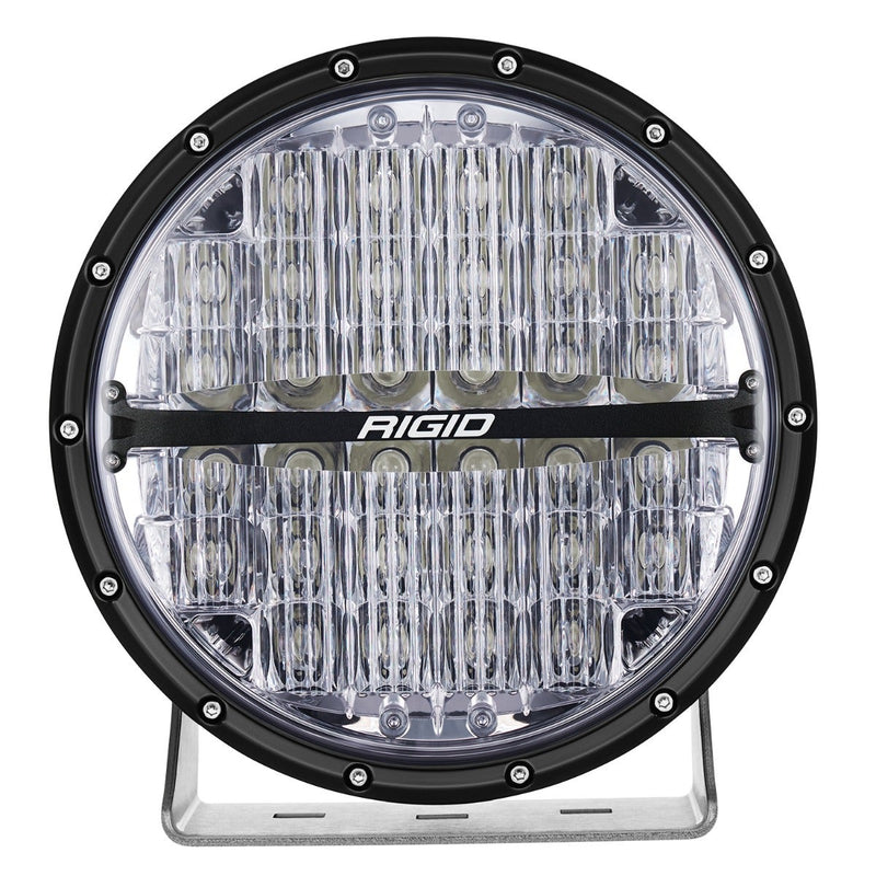Rigid 360-Series PRO 9" on a studio background: front view of a black 9" round LED light with a clear lens and a brushed aluminum bracket on white