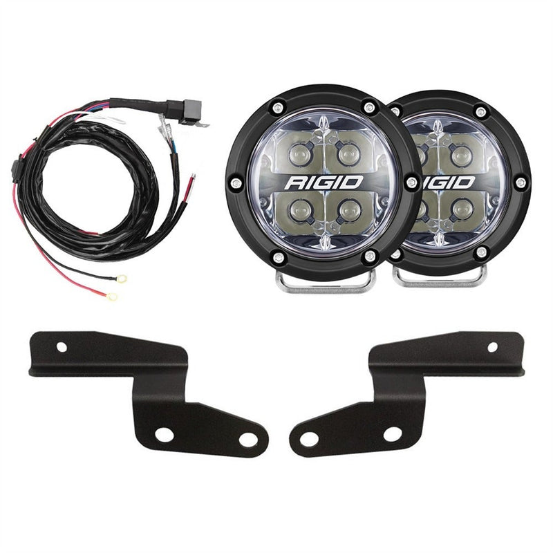 Rigid 360-Series Spot A-Pillar Kit, kit contents laid out: A pair of round LED pods laid out with two black A-pillar brackets and a wiring harness on a white background