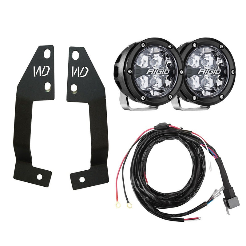 Rigid 360-Series Spot A-Pillar Kit, kit contents laid out: kit layout of two black A-pillar brackets, a pair of round 360-Series spot lights and a wiring harness with switch, on white