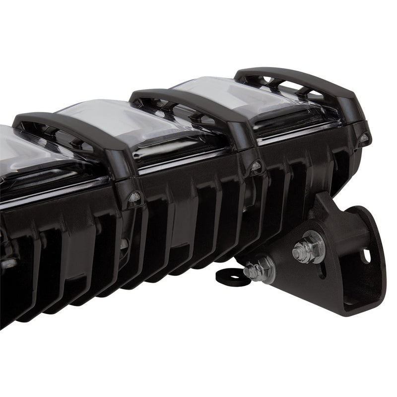 Close-up of the Rigid Adapt Bar Stealth Mount Kit: A black stealth mount bracket bolted under the end of a Rigid Adapt light bar, shown close-up