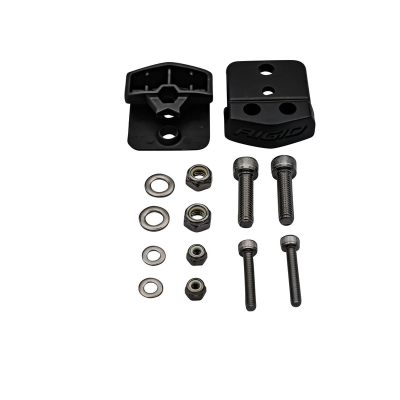 Rigid Adapt XE Light Mounting Hardware Kit, kit contents laid out: two black mounting blocks, socket head bolts, washers and lock nuts laid out on a white background