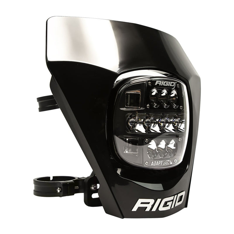 Rigid Adapt XE Number Plate Black on a studio background: A black Rigid Adapt XE number plate light with fork clamps on a white background