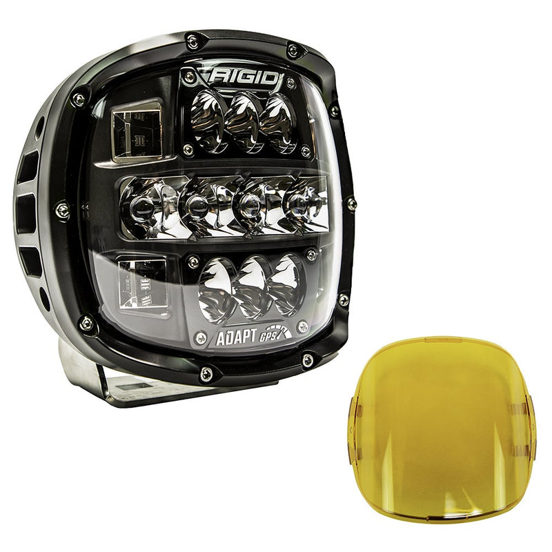 Rigid Adapt XP, kit contents laid out: black Adapt XP light with clear multi-optic lens and a yellow snap-on cover beside it on white