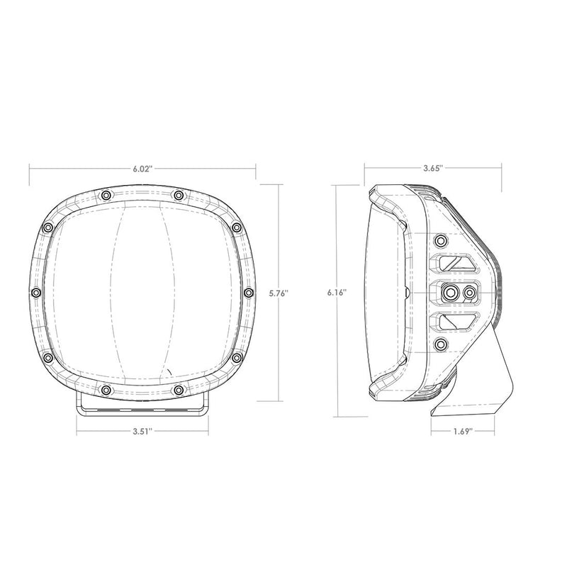 Rigid Adapt XP: line drawing of a square-round light in front and side views with dimension callouts