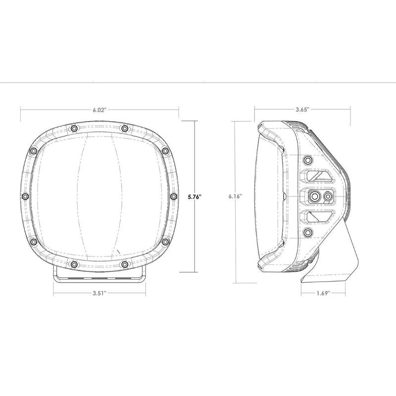 Rigid Adapt XP Pair: line drawing of a square-round light in front and side views with dimension callouts