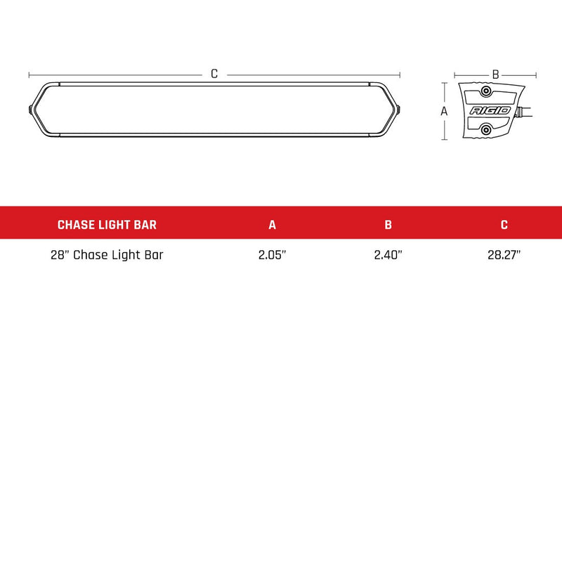 Rigid Chase Bar with Surface Mounts: dimension drawing of the 28" Chase light bar with a red table of A, B and C measurements