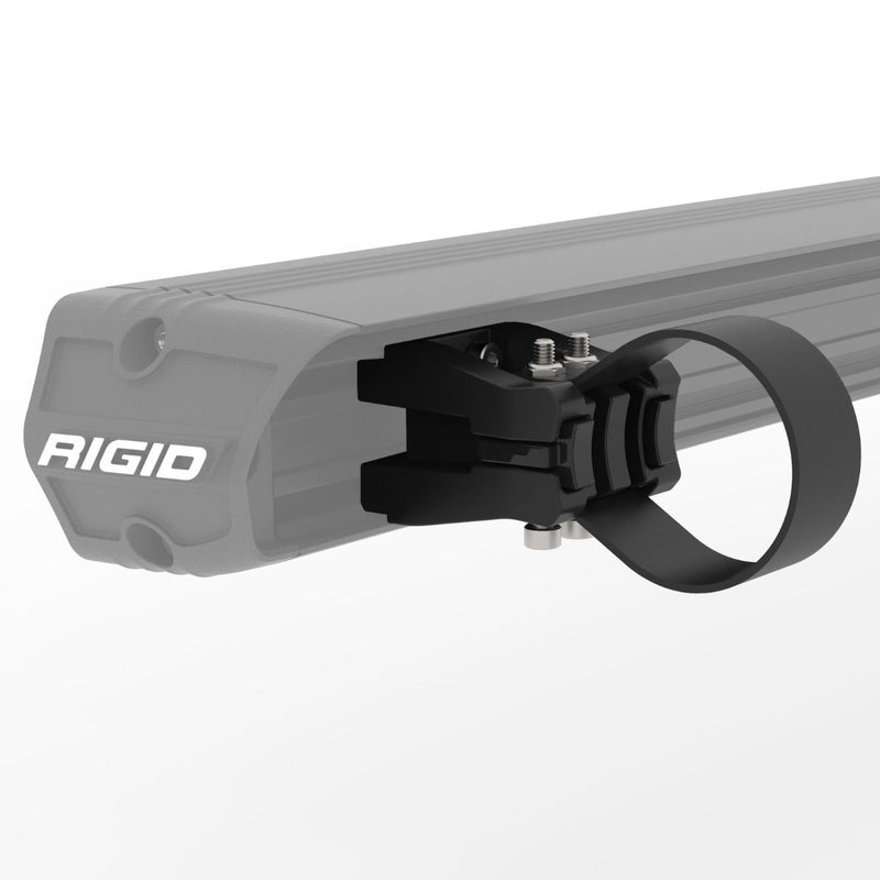 Rigid Chase Bar with Tube Mounts: render of a black tube clamp mount bolted to the end of a gray Chase light bar
