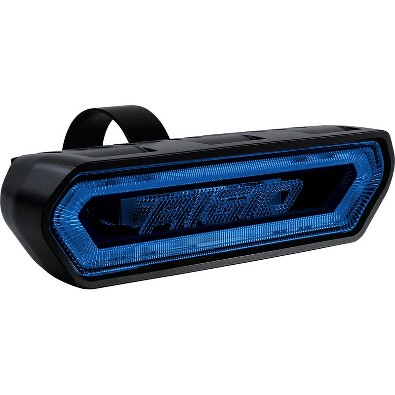Rigid Chase Pod on a studio background: A black Chase rear light with its halo glowing blue, on a white background