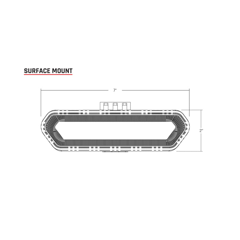 Rigid Chase Pod: line drawing of the Chase rear light in surface mount form with width and height dimension lines