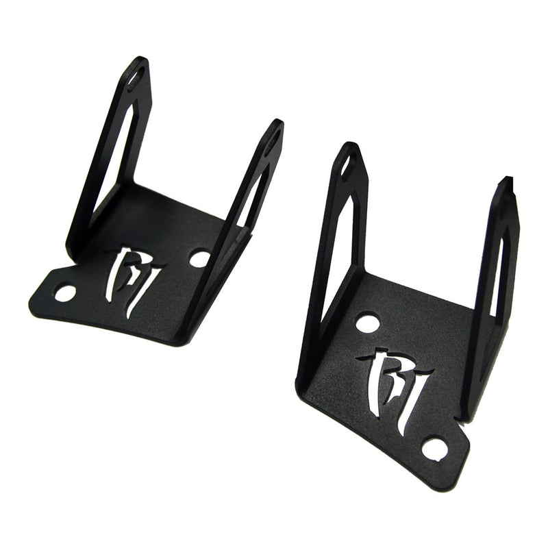 Rigid D-Series A-Pillar Mount Kit, kit contents laid out: two black steel A-pillar brackets with a cut-out Rigid logo sit on a white background