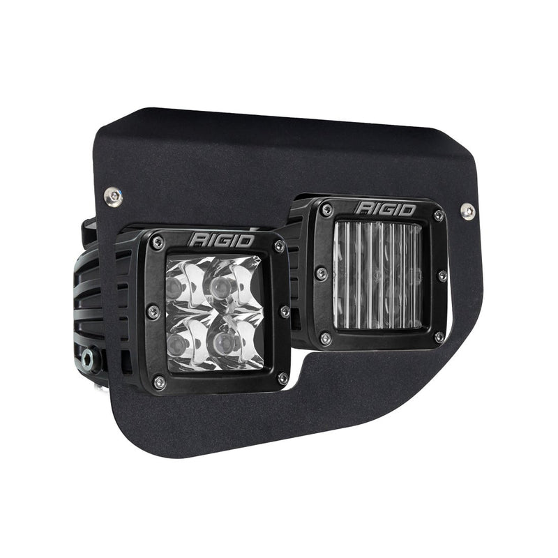 Rigid D-Series Fog Light Kit, kit contents laid out: A black fog pocket bracket holding two Rigid D-Series pods on a white background